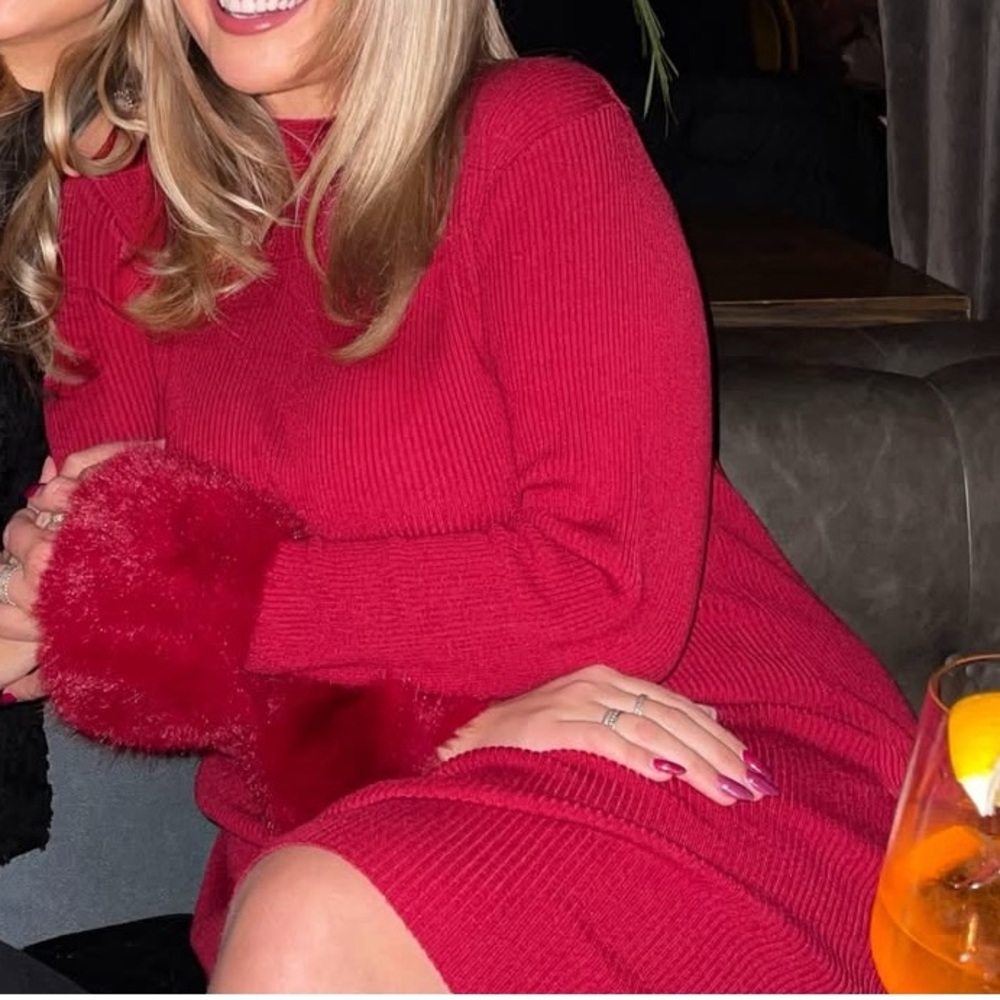 Red Mini Sleeve Dress with Fur Cuffs